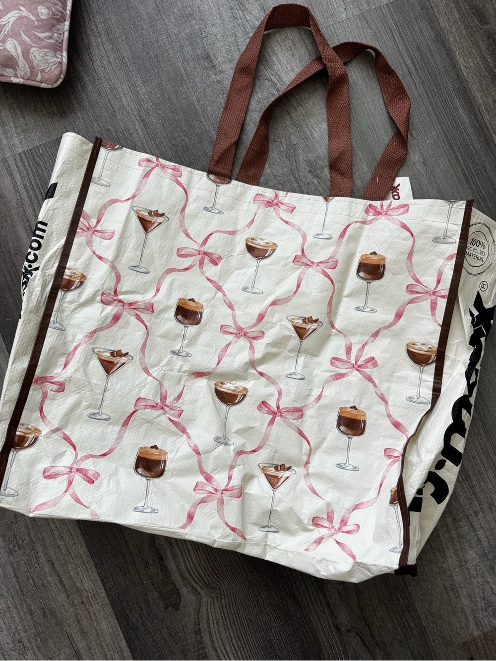 T.J.Maxx White Tote with Pink Ribbon & Brown Cocktail Print